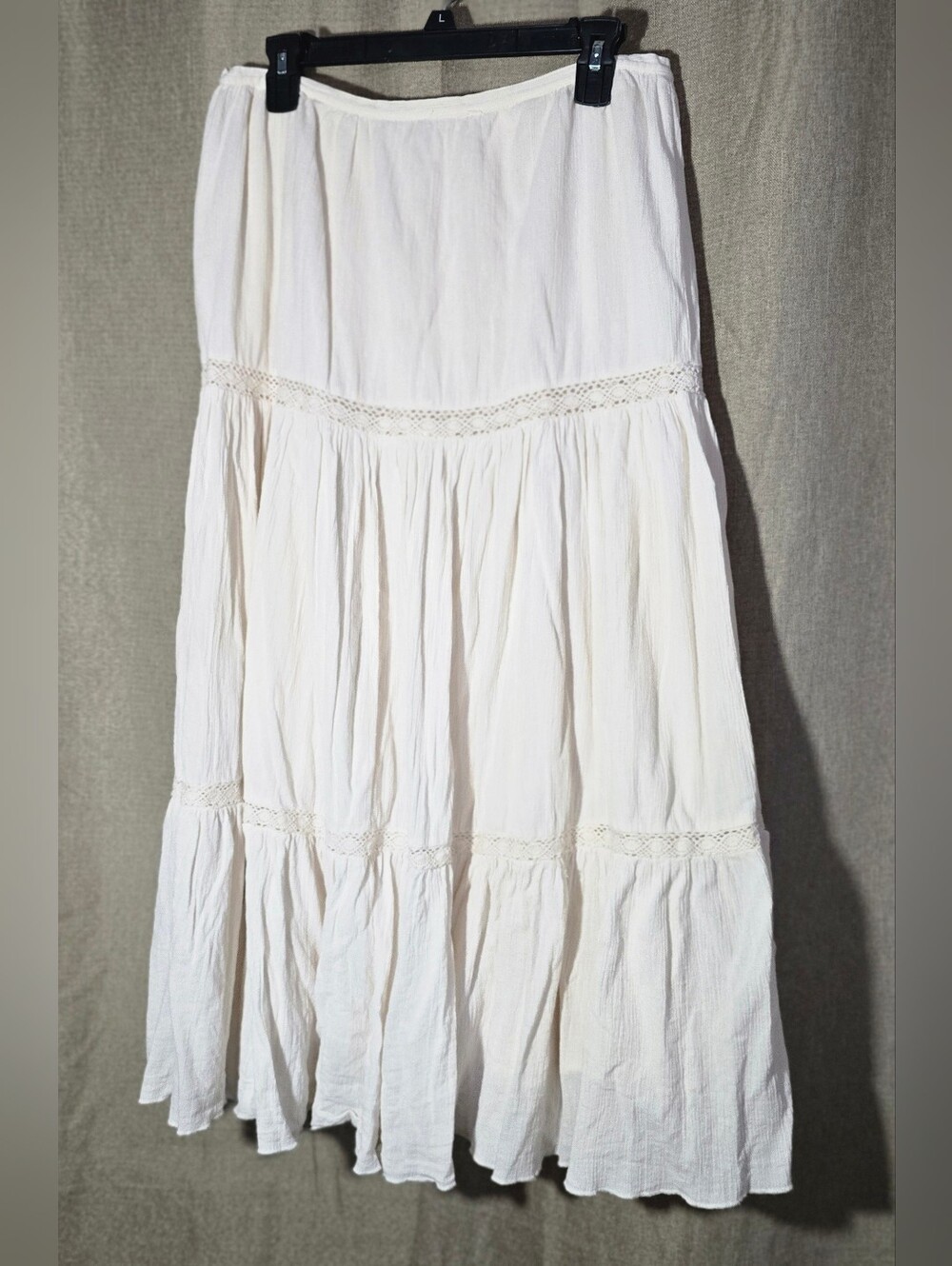 VINTAGE 100% Cotton Size 4 Polo Jeans Co Cream Tiered Maxi Skirt Crochet Trim